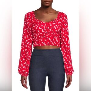 Madden NYC Red Ditsy Floral Long Sleeved Cropped Top